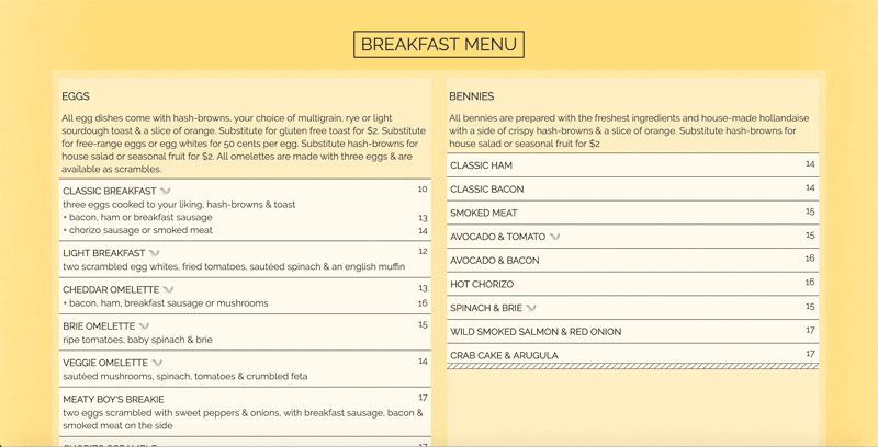 screenshot of the tangent cafe menu